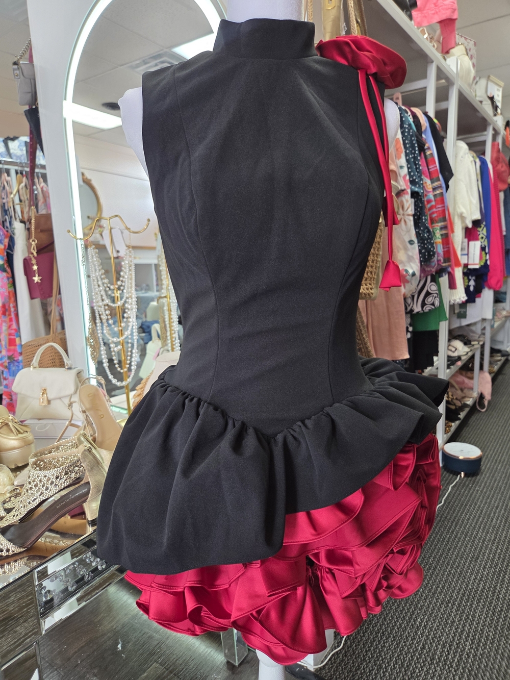 Sleeveless Black & RED  Prom Dress with Ruffle Skirt - Picture 4 of 7